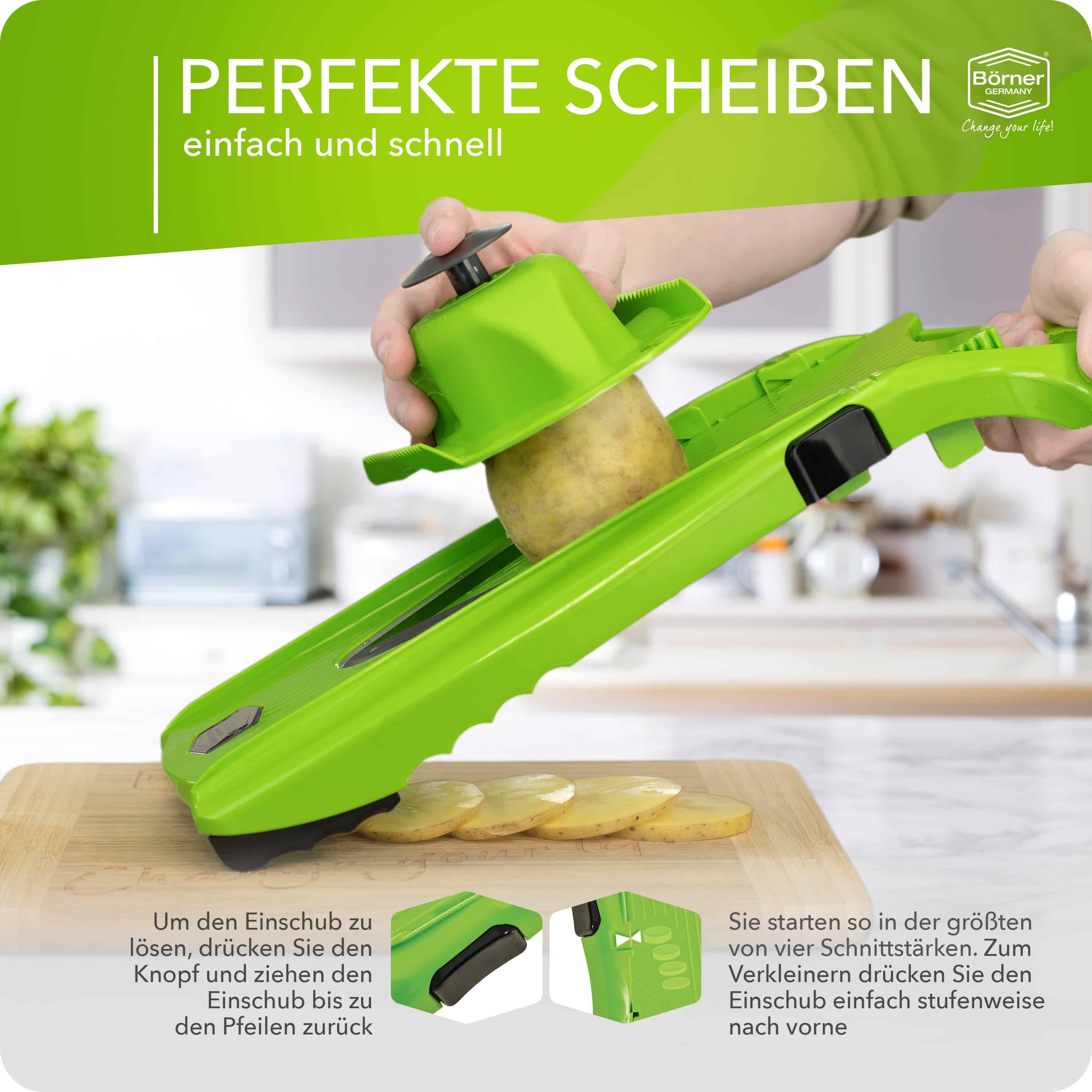 Kartoffel in Scheiben geschnitten mit dem Börner V5 Schneider in grün