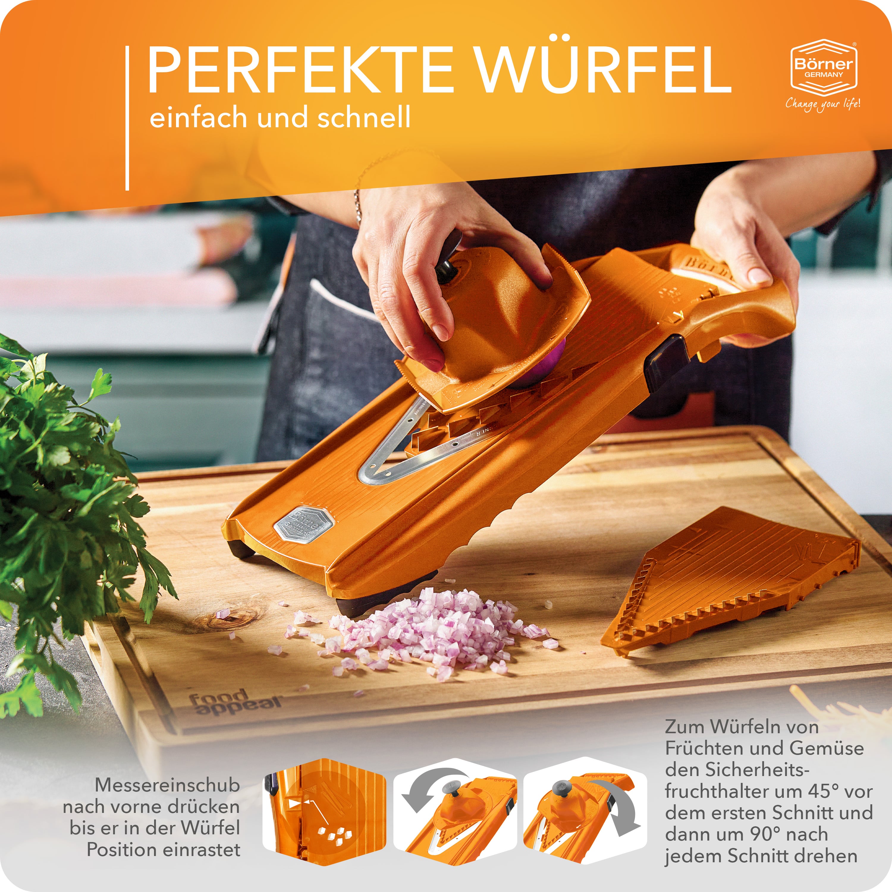 Anleitung zum Würfel schneiden mit dem Börner V5 Gemüsehobel in orange