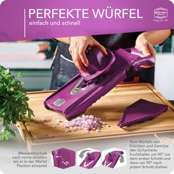 Anleitung zum Würfel schneiden mit dem Börner V5 Gemüsehobel in violett