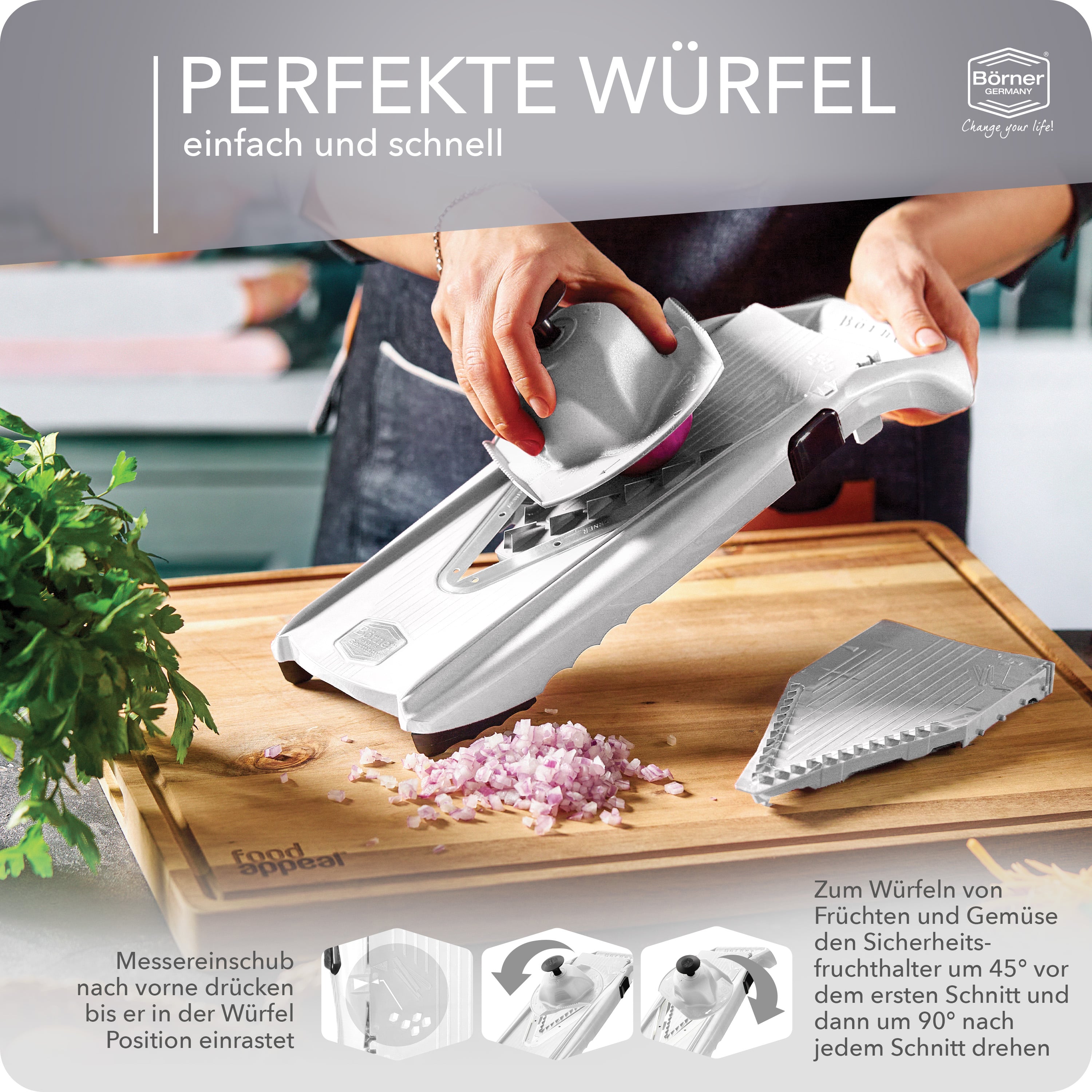 Anleitung zum Würfel schneiden mit dem Börner V5 Gemüsehobel in weiß